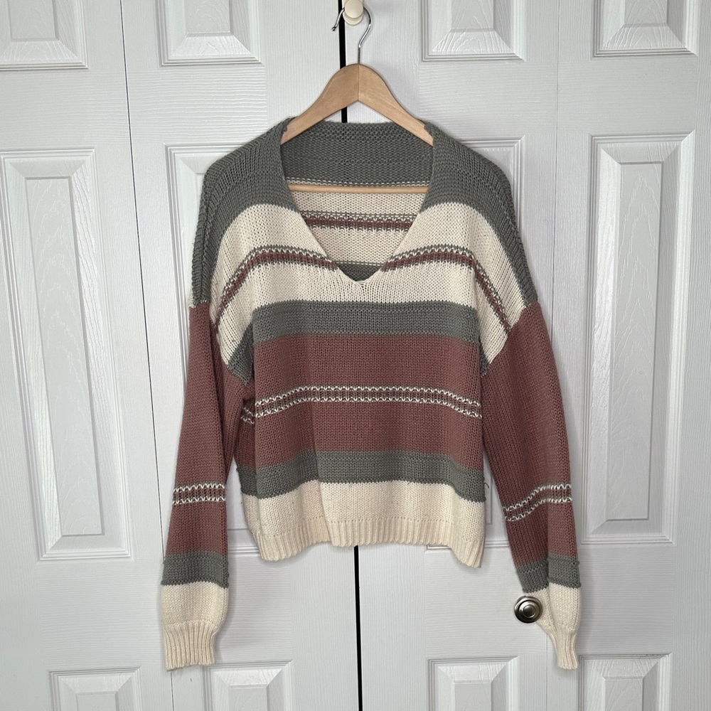 Shein Striped V-Neck Knit Sweater Off the Shoulder Style Women's Large Comfy EUC